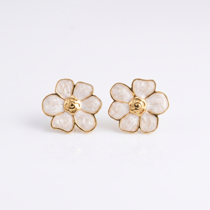 Sunoire women s trendy stainless steel stud earrings minimalist six petaled flower lucky gold color plating wholesale retro party 01 flatlay white