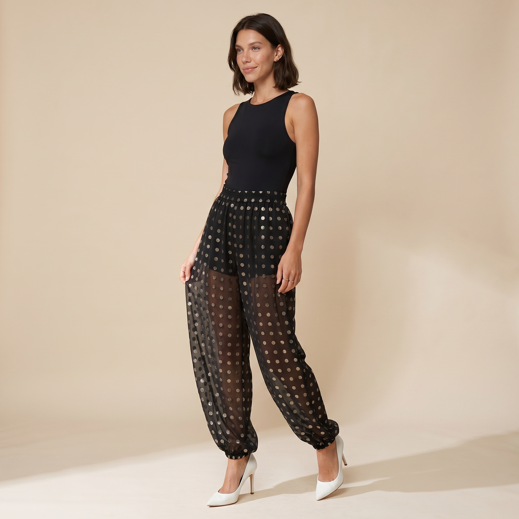 Sunoire chicme womens polka dot sheer lantern pants high waist loose fit harem pants vintage see through trousers with lining 01 front hero