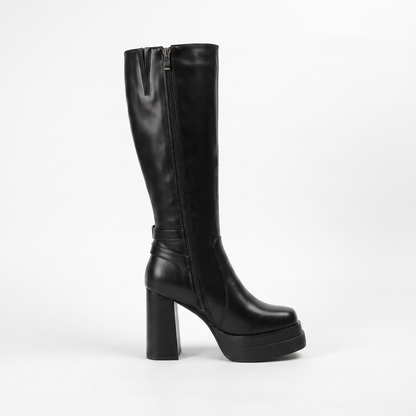 Sunoire women s pointed toe platform high heeled knee high boots with zipper closure pu upper fashionable essential for any occasion 01 lateral profile black