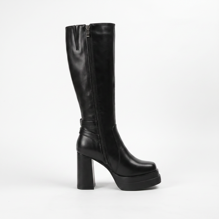 Sunoire women s pointed toe platform high heeled knee high boots with zipper closure pu upper fashionable essential for any occasion 01 lateral profile black