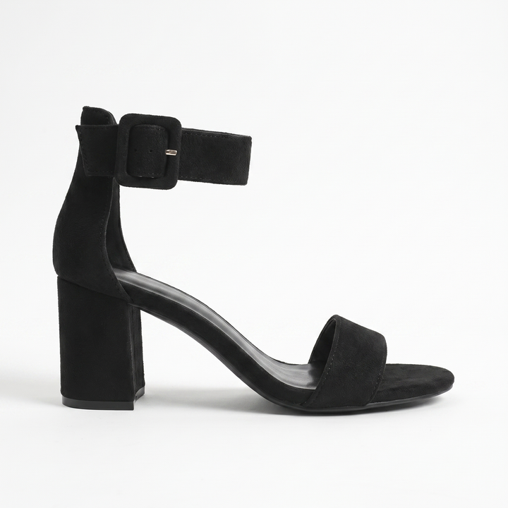 Sunoire 2026 new elegant women s sandals chunky block heel ankle strap suede summer dress shoes custom oem odm manufacturer 01 lateral profile black