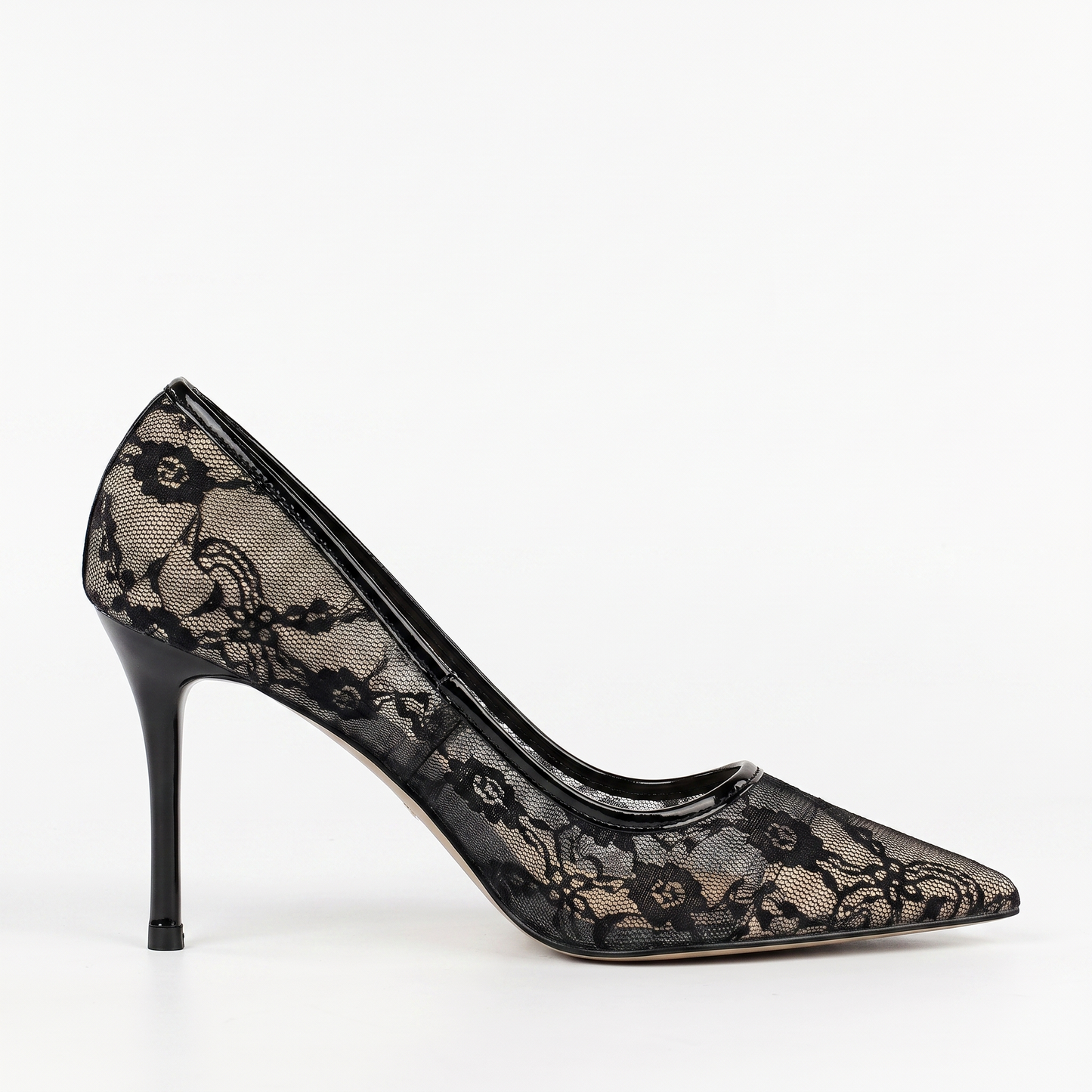 Sunoire 2026 new european american sexy sleek solid 8cm thin heel womens shoes slip on pointed toe netted lace openwork design 01 lateral profile black