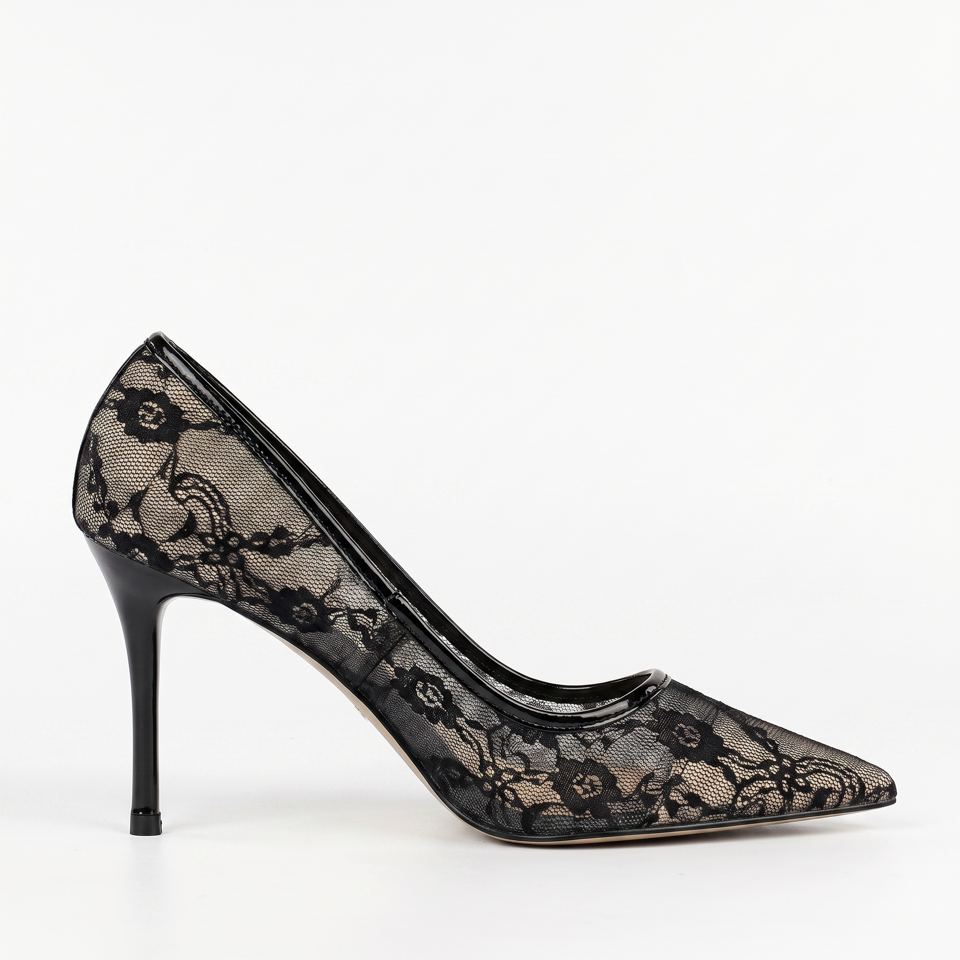 Sunoire 2026 new european american sexy sleek solid 8cm thin heel womens shoes slip on pointed toe netted lace openwork design 01 lateral profile black
