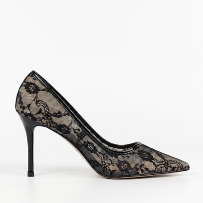 Sunoire 2026 new european american sexy sleek solid 8cm thin heel womens shoes slip on pointed toe netted lace openwork design 01 lateral profile black