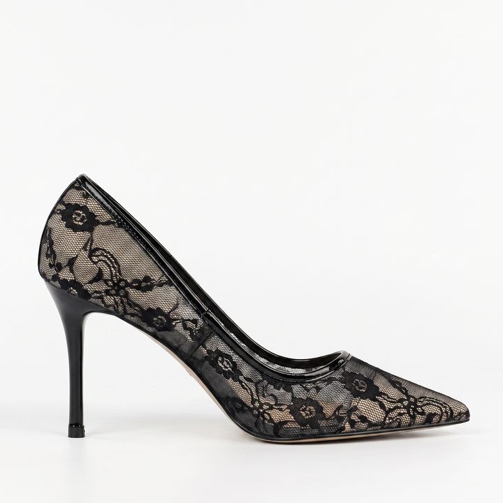 Sunoire 2026 new european american sexy sleek solid 8cm thin heel womens shoes slip on pointed toe netted lace openwork design 01 lateral profile black