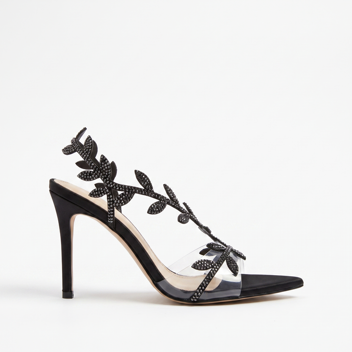 Sunoire women shoes elegant pointed rhinestone leaf stiletto sandals 01 lateral profile black