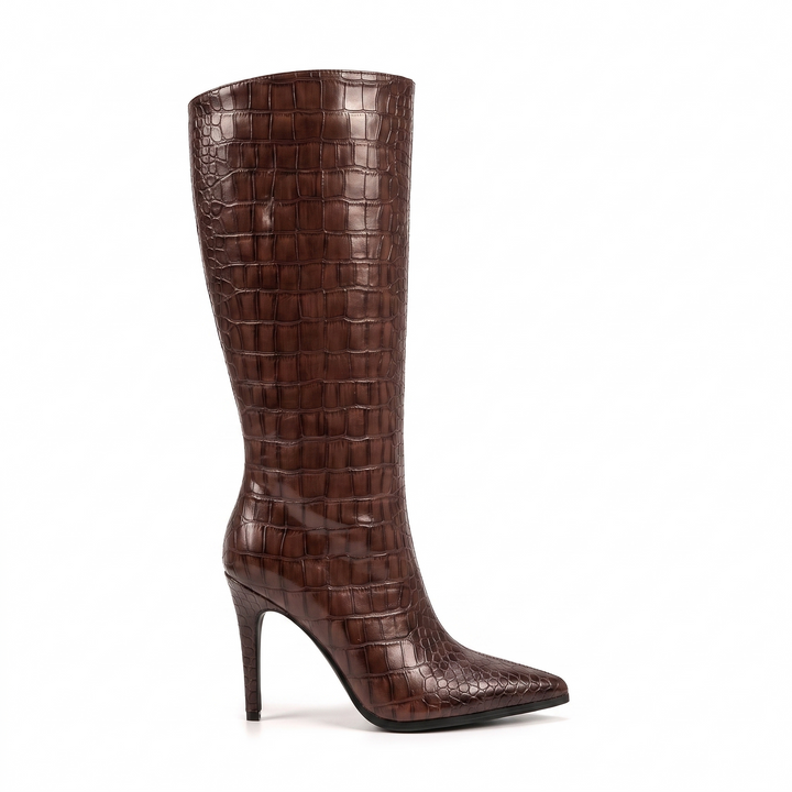 Sunoire fashion women s winter boots western style knee high with pointed toe sexy high heel croc pu wide calf ladies slip on design 01 lateral profile brown
