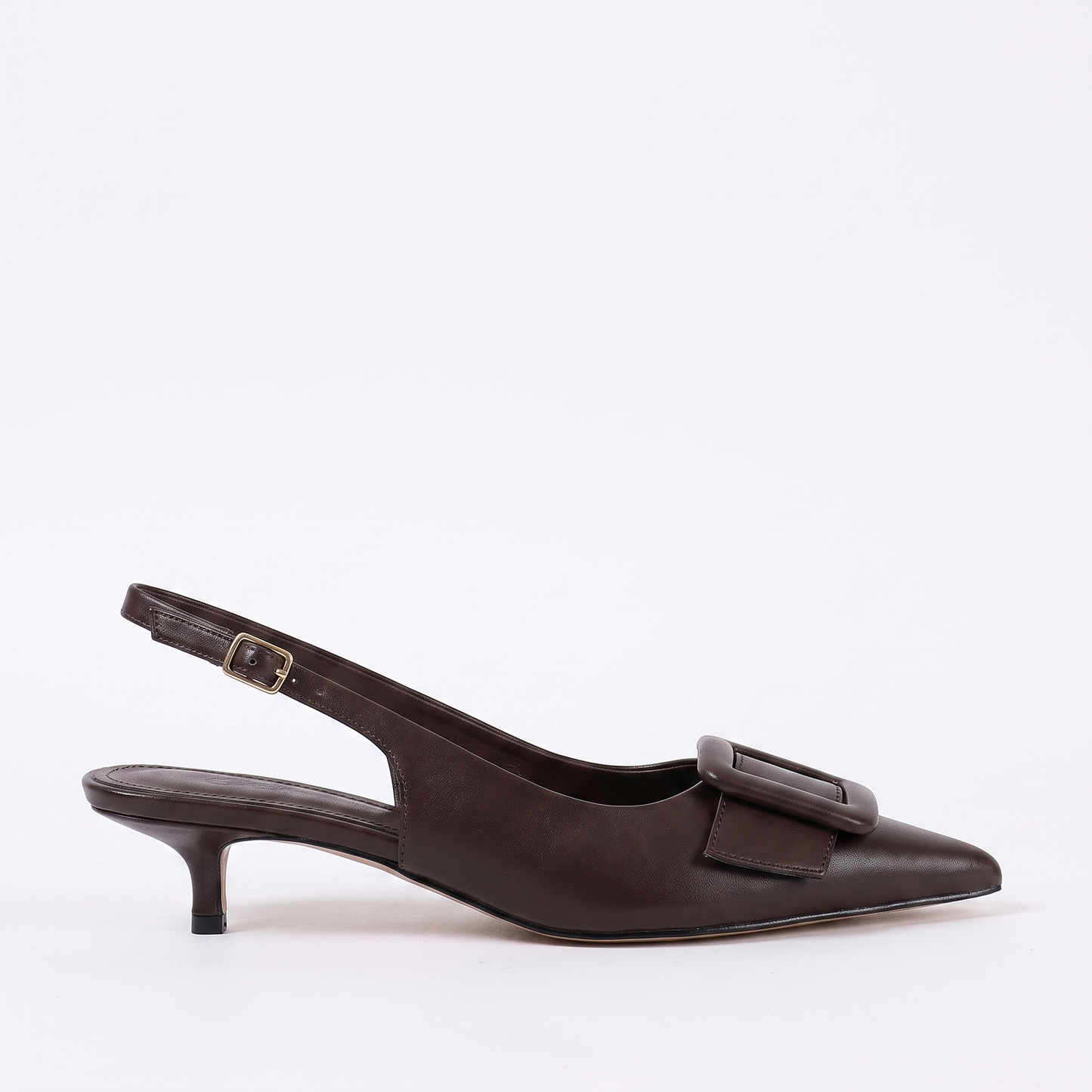 Sunoire women brown slingback spike heels pointed toe square buckle pumps elegant office formal spring dress shoes thin heel back strap 01 lateral profile brown