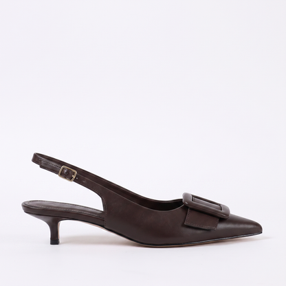 Sunoire women brown slingback spike heels pointed toe square buckle pumps elegant office formal spring dress shoes thin heel back strap 01 lateral profile brown