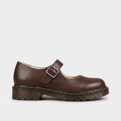 Sunoire womens elegant mary jane shoes classic flat sole with buckle strap 01 lateral profile brown