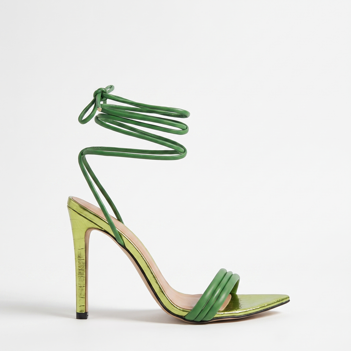 Sunoire qlfashion huizhou women green high heel sandals party fashion stiletto pointed tie up heels 01 lateral profile green