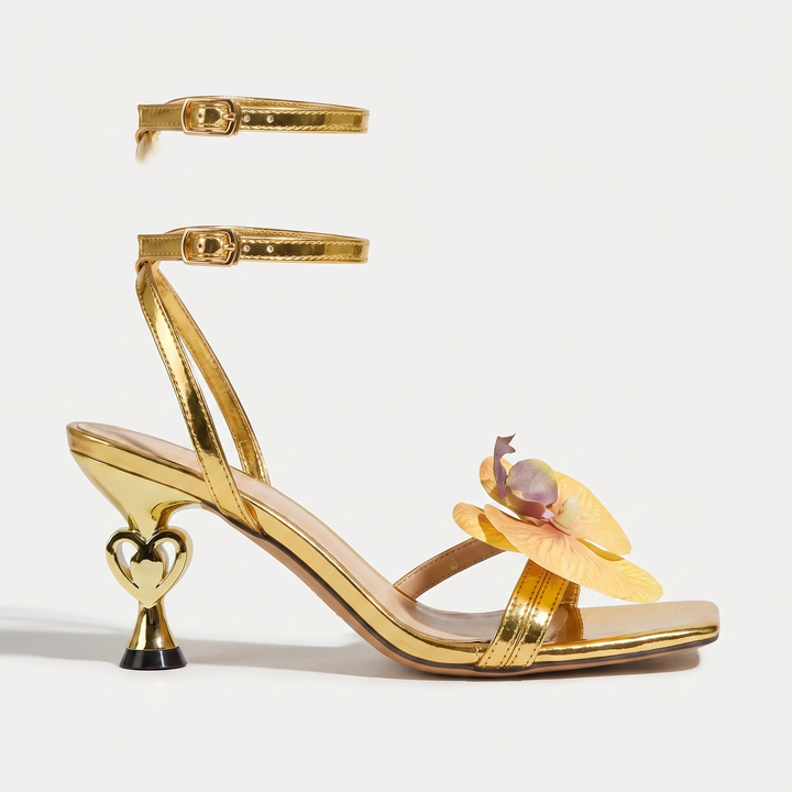 Sunoire women s square toe summer outdoor high top flower princess shoes slip on rubber sandals for party wedding 01 lateral profile metallic gold
