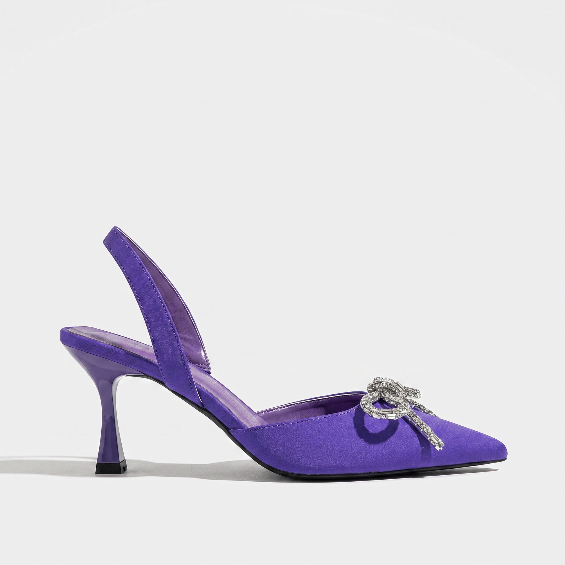 Sunoire purple slingback high heels women pointed toe rhinestone bow stiletto pumps elastic fabric party dress back strap sandals 01 lateral profile purple