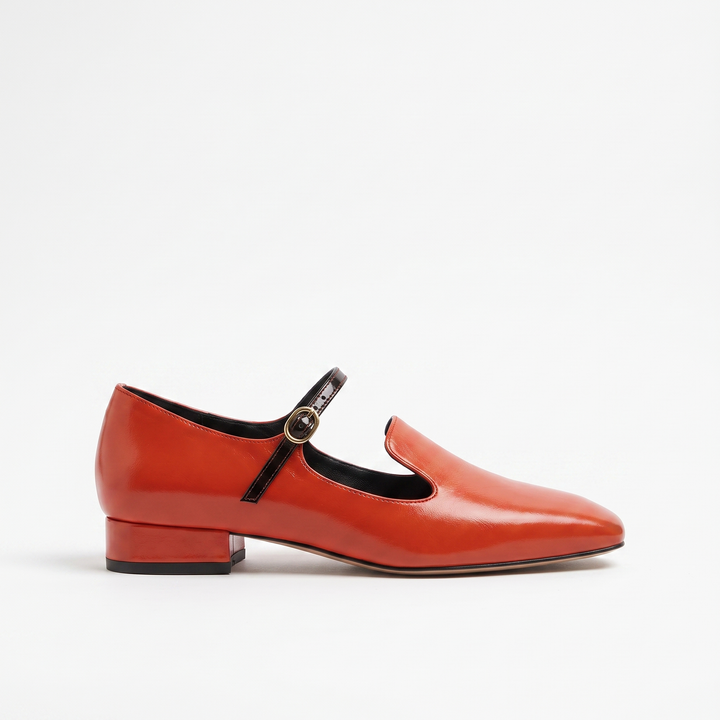 Sunoire wholesale dark green pu mary jane heels loafers women square toe mixed color block heel office pumps 01 lateral profile red orange