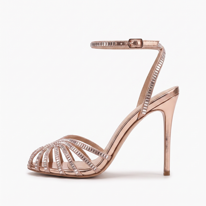 Sunoire foot covered rhinestones 2026 summer new round toe cutout stiletto sandals banquet heels 01 lateral profile rose gold