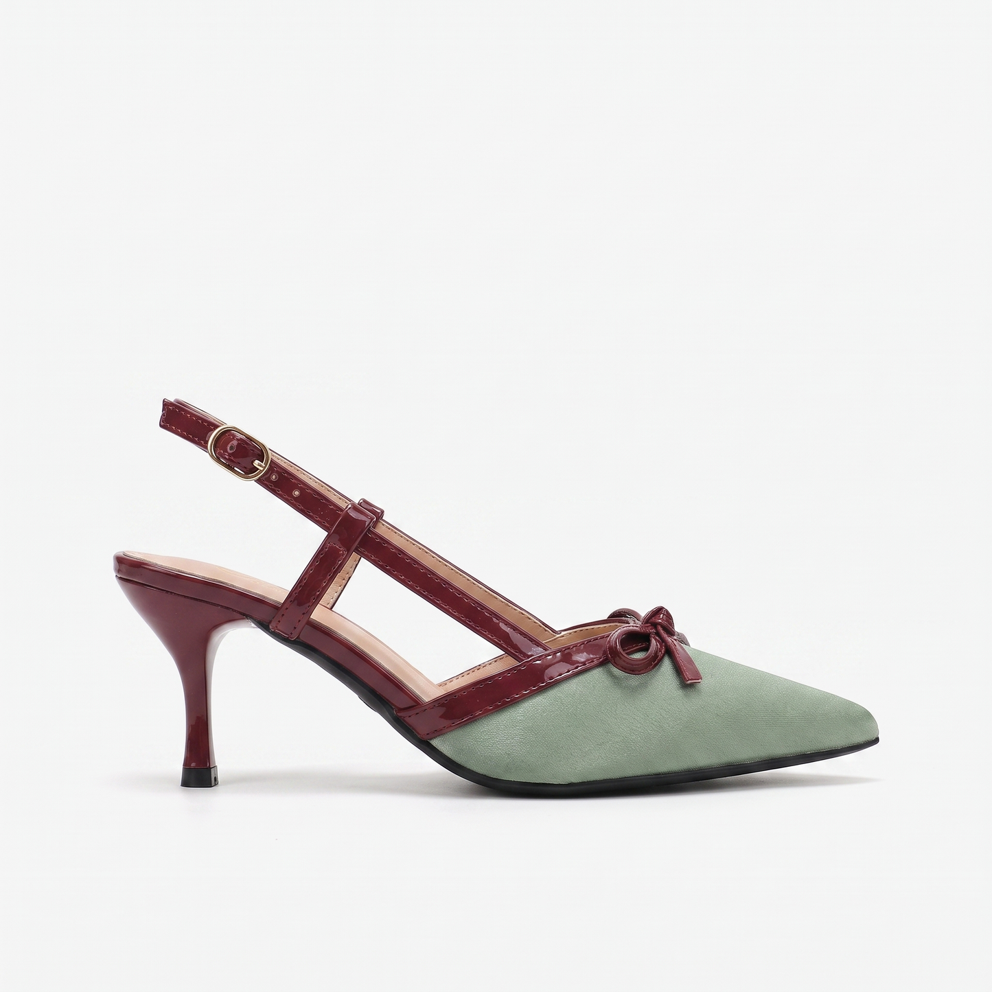 Sunoire satin leather high heels 6 8cm with one word buckle strap stiletto heel pointed toe summer 2026 01 lateral profile sage green