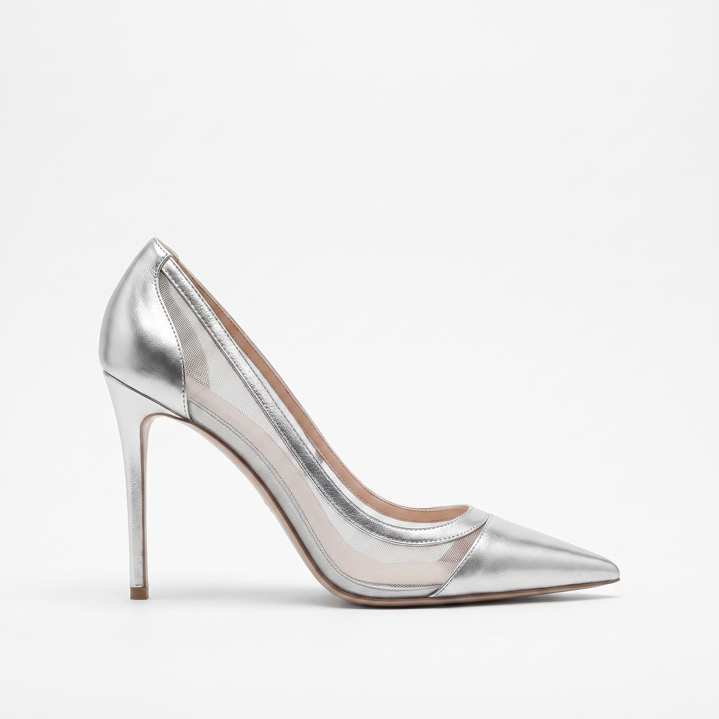 Sunoire spring new splicing mesh silver high heels women s pointed head light mouth temperament thin heel shoes 01 lateral profile silver