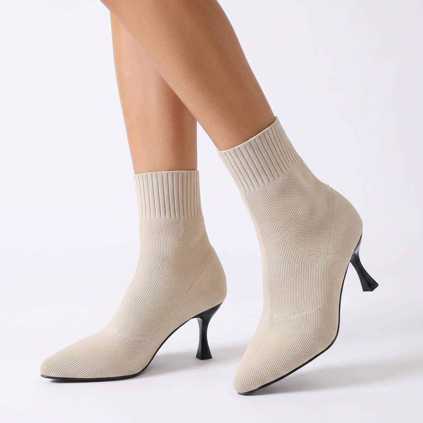 Sunoire knit stiletto ankle boots 01 three quarter beige