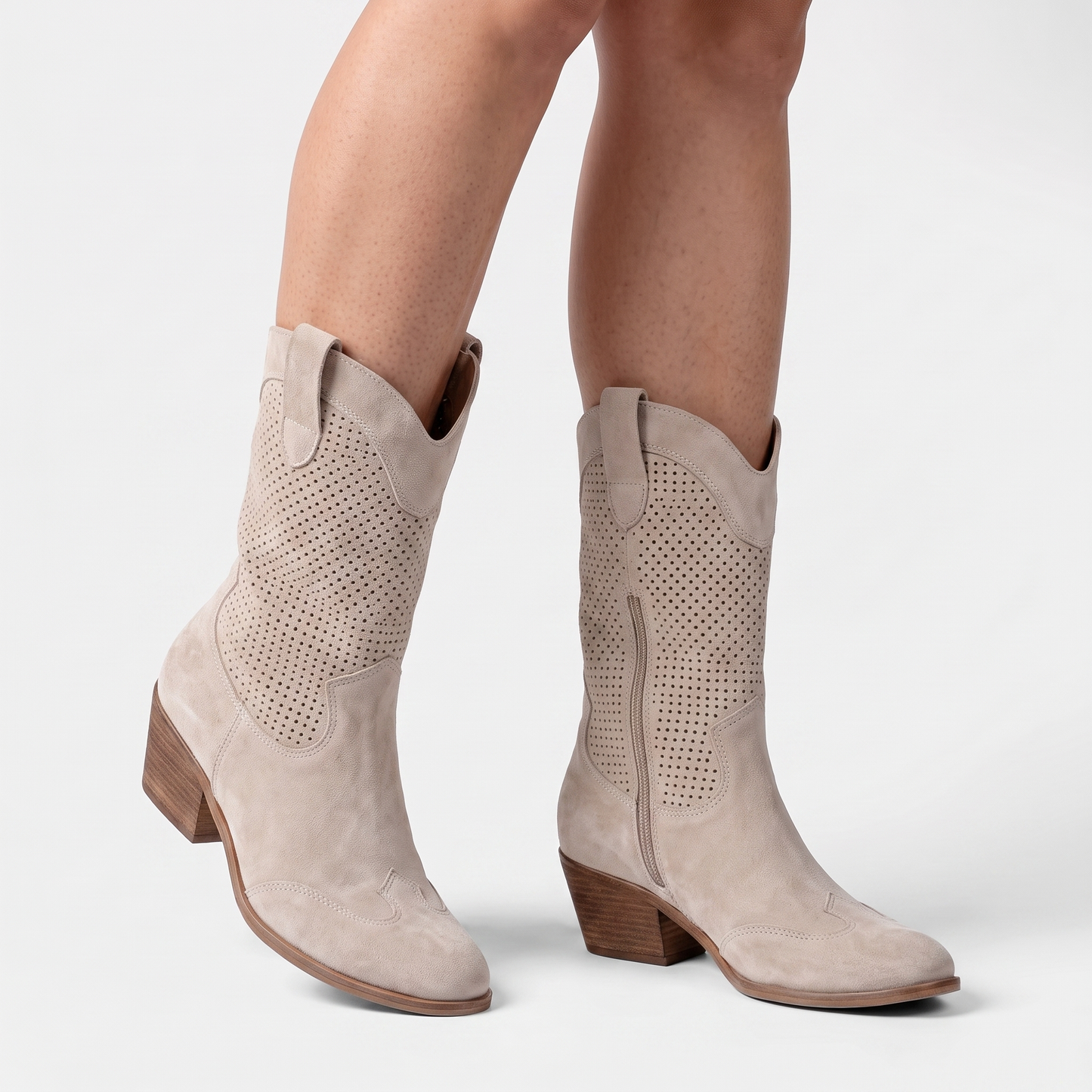 Sunoire mid calf perforated western boots 01 three quarter beige