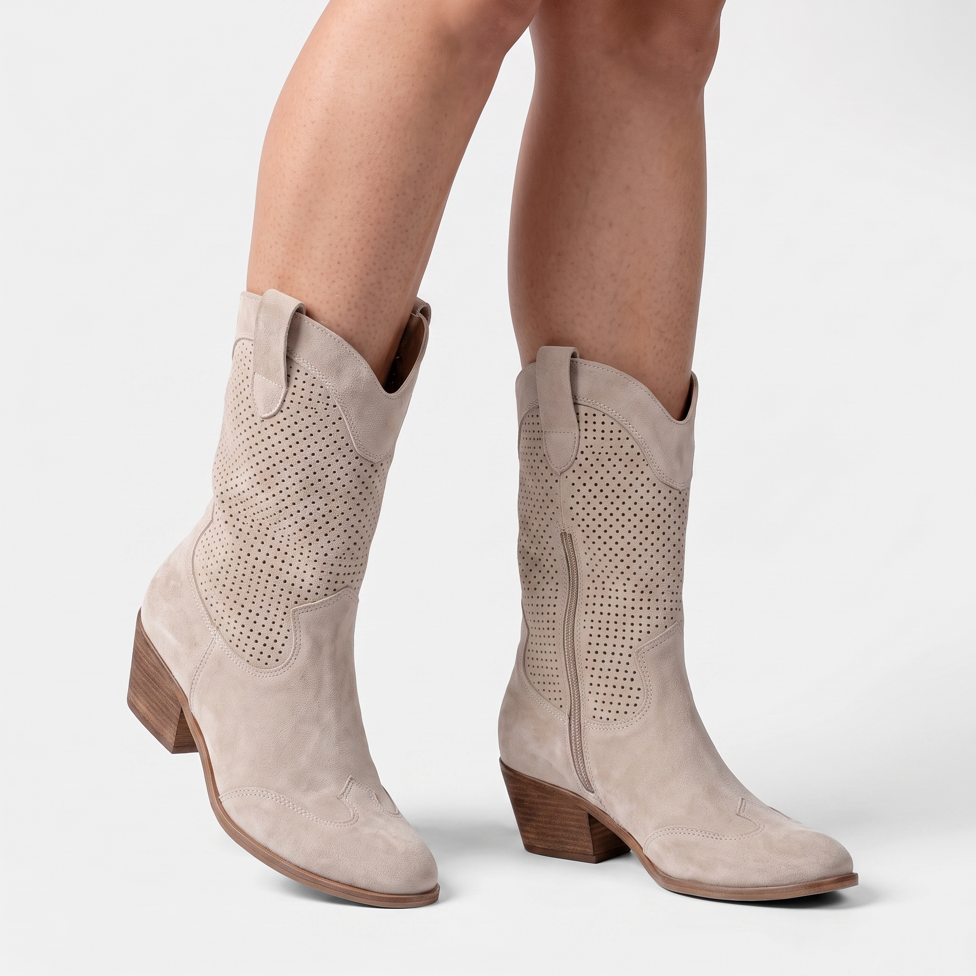 Sunoire mid calf perforated western boots 01 three quarter beige