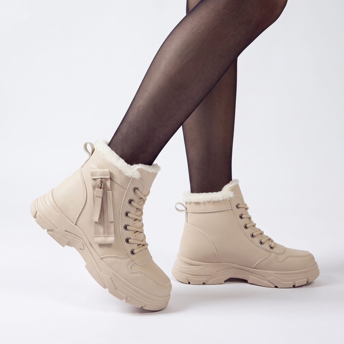 Fleece Lined Chunky Sole Snow Boots, Beige Lace Up Winter Boots, three quarter view