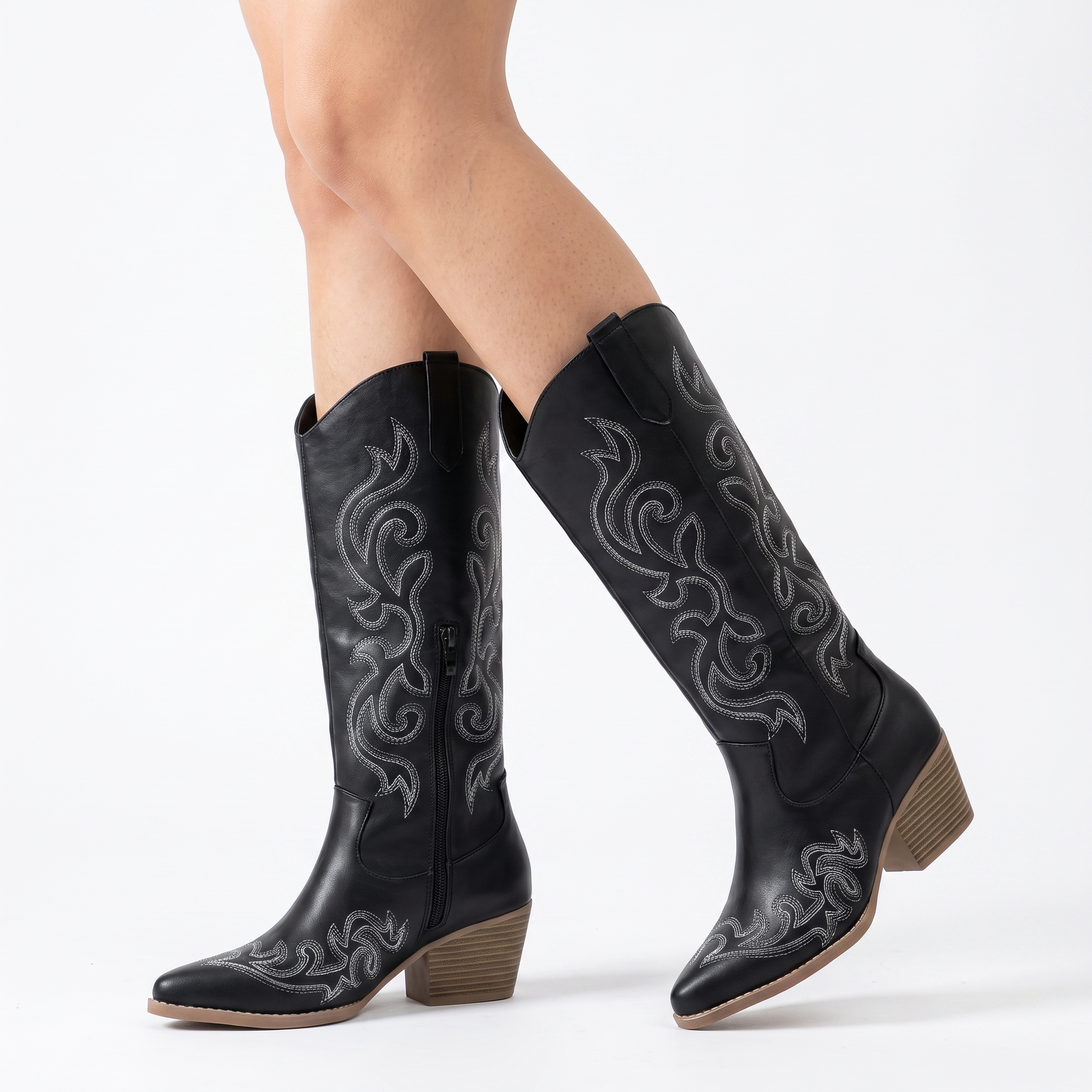 Sunoire cowboy boots knee high block heel 01 three quarter black
