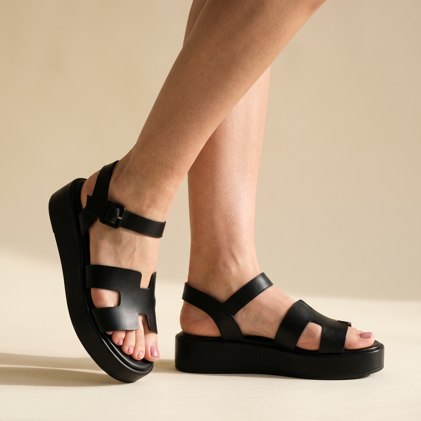 Sunoire ladies comfortable slip on sandals thick sole adjustable summer shoes 01 three quarter black