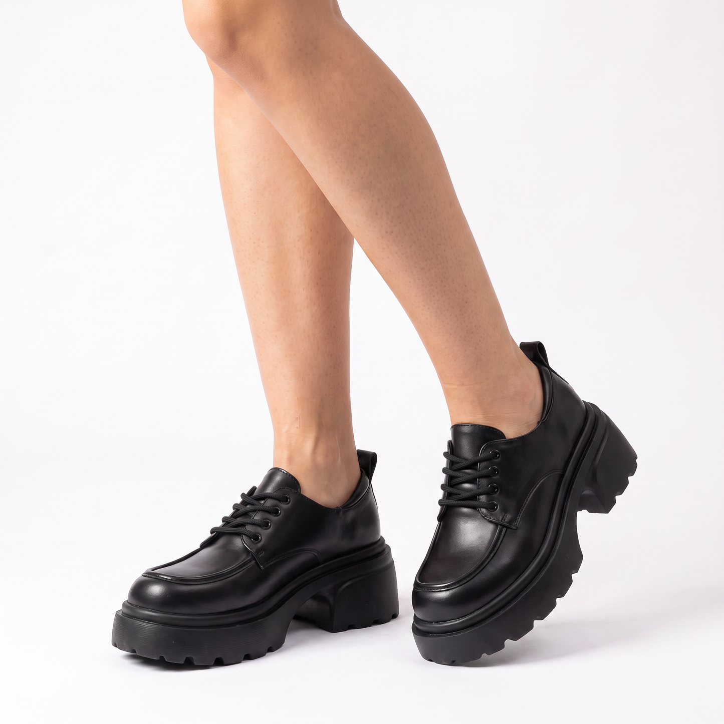 Sunoire women breathable lace up height increasing single shoes for autumn thick soled leather platform dress shoes 01 three quarter black
