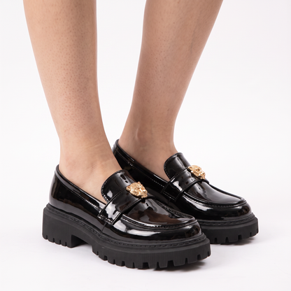 Sunoire leopard charm patent platform loafers 01 three quarter black