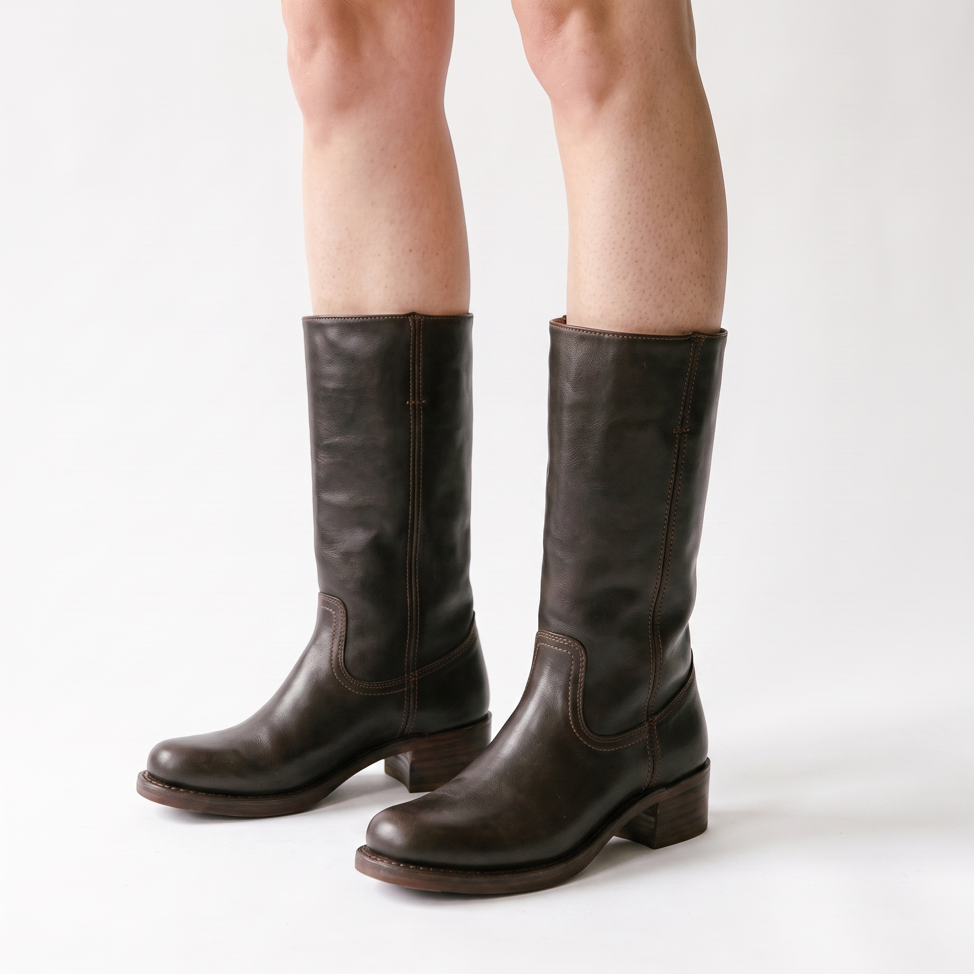Sunoire mid calf block heel closed toe boots 01 three quarter brown