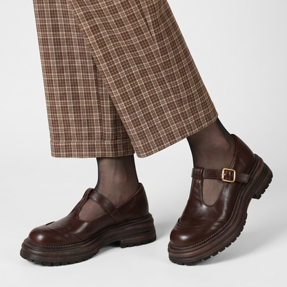 Sunoire chunky platform mary jane shoes with t bar strap 01 three quarter brown
