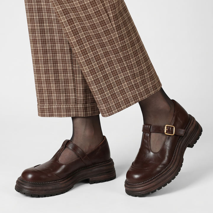 Sunoire chunky platform mary jane shoes with t bar strap 01 three quarter brown