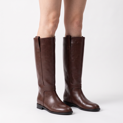 Sunoire women s elegant knee high long boots with round toe fashion mid heels slip on design for autumn winter spring parties 01 three quarter cognac