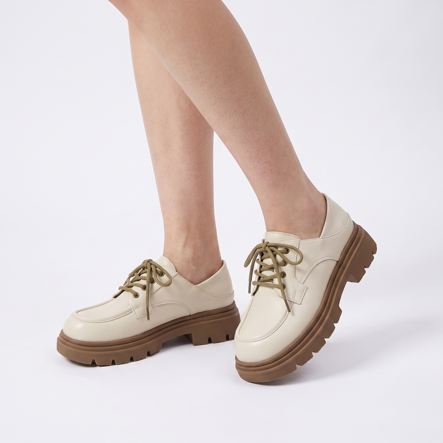 Sunoire 1998 10 women chunky heel lace up leather loafers thick sole height increasing large size 35 44 winter wide width comfort shoes 01 three quarter cream