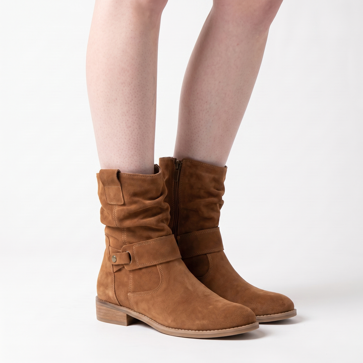 Sunoire slouchy suede boho ankle boots 01 three quarter dark brown
