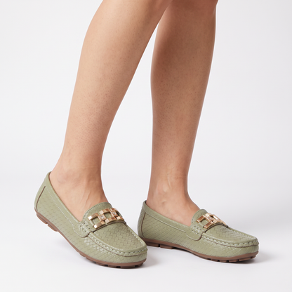 Sunoire womens loafers with textured upper for everyday wear 01 three quarter green