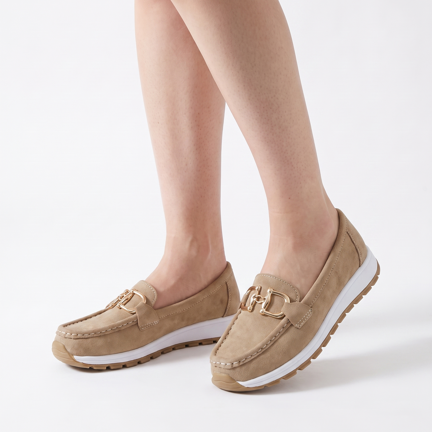 Sunoire womens gold horsebit slip on moc toe platform loafers 01 three quarter khaki
