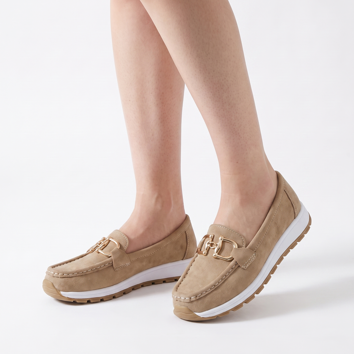 Sunoire womens gold horsebit slip on moc toe platform loafers 01 three quarter khaki