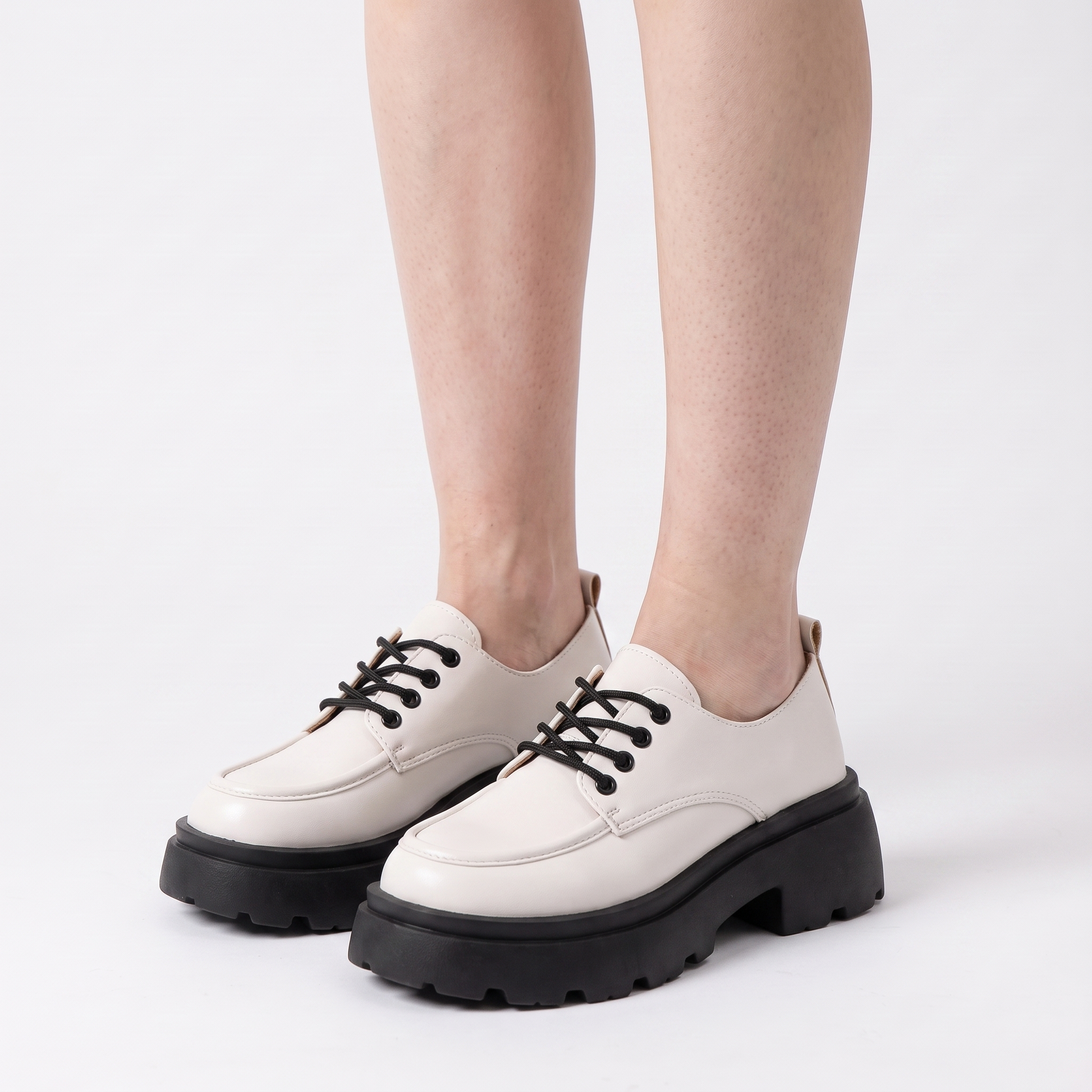 Sunoire 2023 spring and autumn new british style small leather shoes women s fashion retro thick heel lace up thick sole single shoe 01 three quarter white