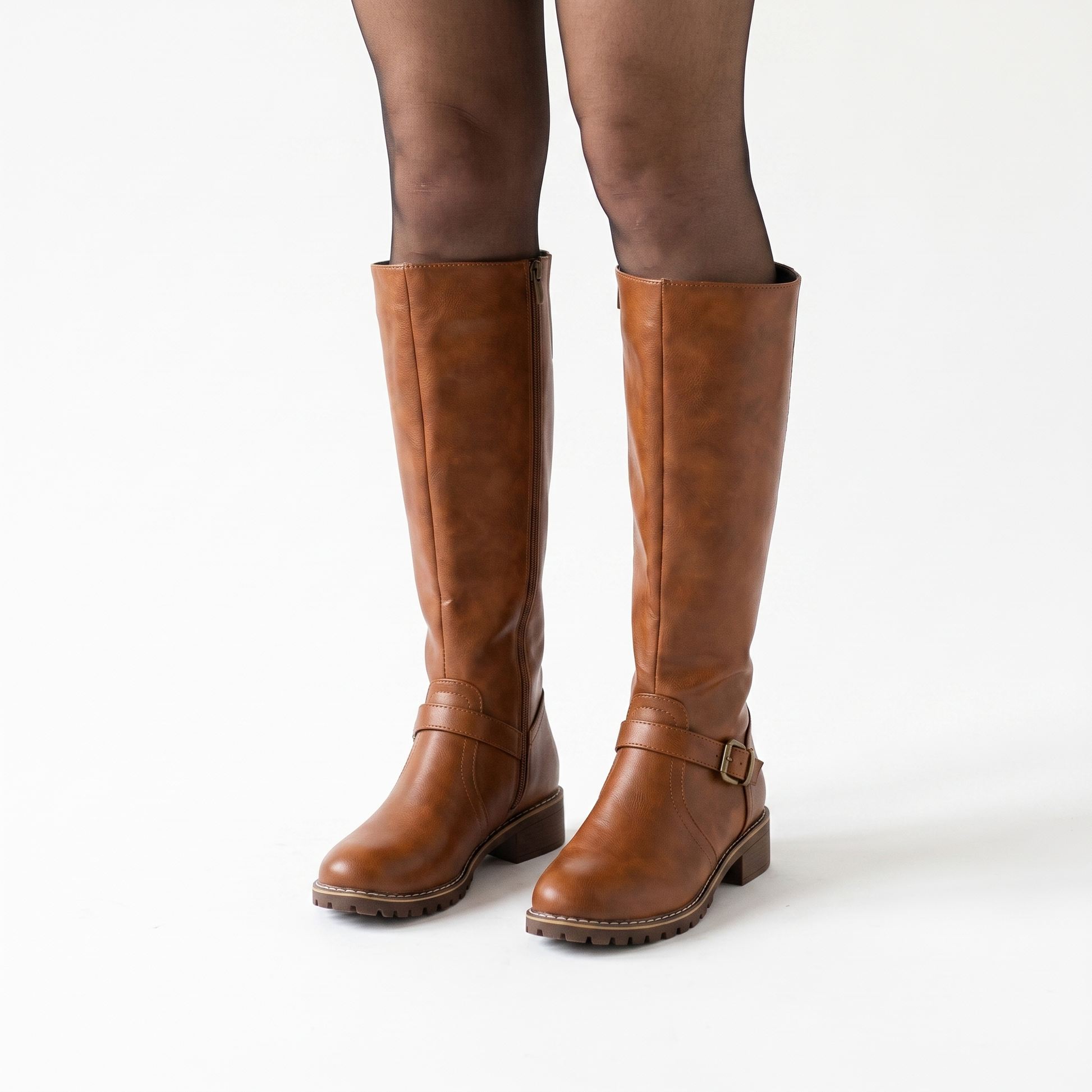Sunoire olivia womens knee high buckle strap riding leather boots 01 worn hero brown
