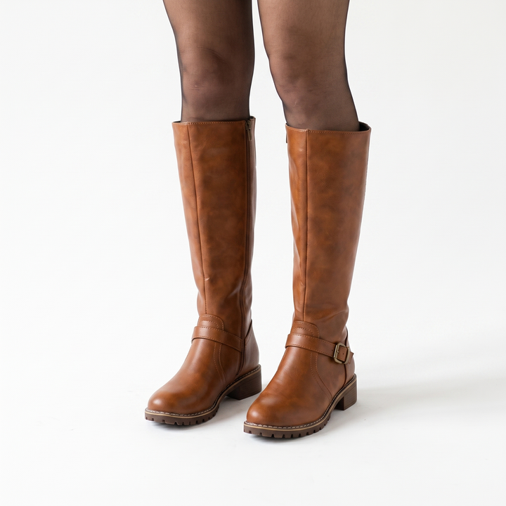 Sunoire olivia womens knee high buckle strap riding leather boots 01 worn hero brown