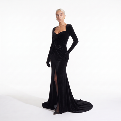 Women's Velvet Sweetheart Long Sleeve Maxi Dress, three-quarter view