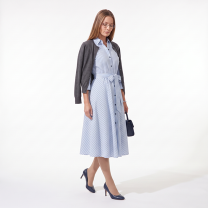 Women's Striped Belted Shirt Midi Dress, three-quarter view