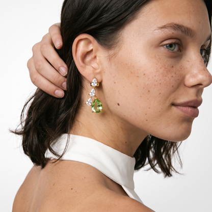 Sunoire yf7034 fashion new design hypoallergenic 18k pvd gold plated stainless steel water drop shaped pear cut zircon earrings 02 model wearing apple green