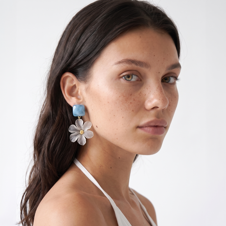 Sunoire women s fashion 925 silver drop earrings elegant summer flower design blue geometric beads frosted petals lightweight stylish 02 model wearing blue