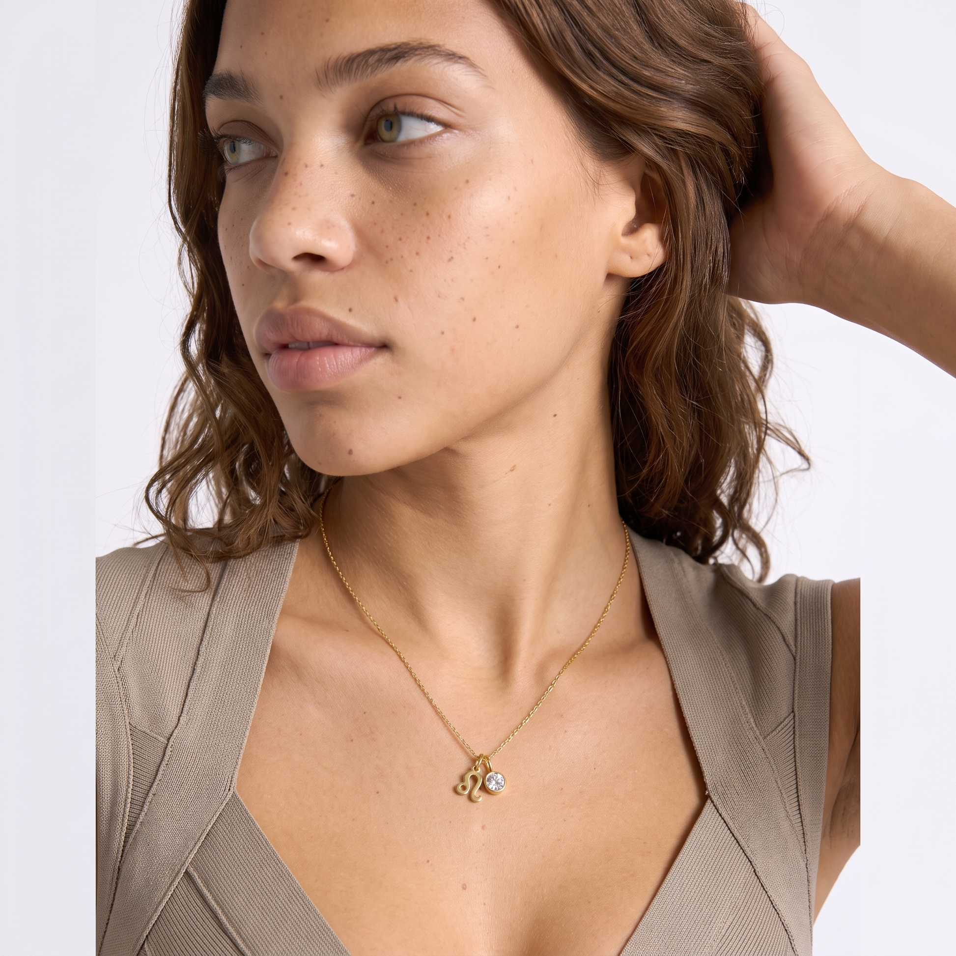Sunoire emanco birthstone constellation double pendant diy necklace 12 zircon stainless steel birthday gift dropshipping wholesale 02 model wearing gold