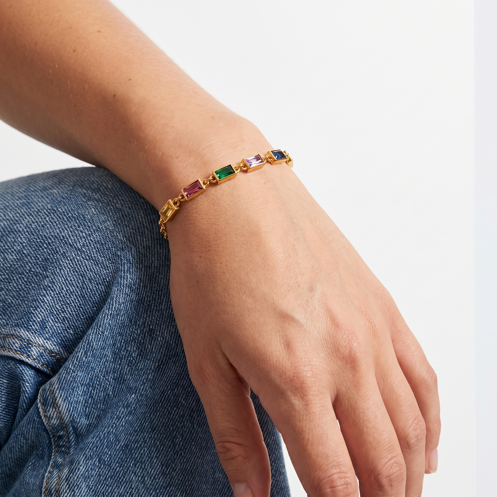 Sunoire fashion stainless steel minimalist french vintage square colorful zirconia women s bracelet 02 model wearing gold