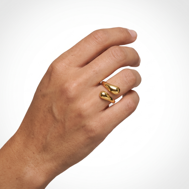 Sunoire glossy water drop alloy electroplated women s adjustable open winding ring 02 model wearing gold