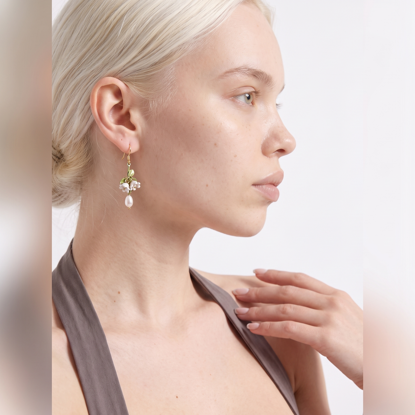 Sunoire lily valley cottagecore floral freshwater pearl studs 925 silver drop earrings green enamel tassels handmade gold bezel setting 02 model wearing ivory floral