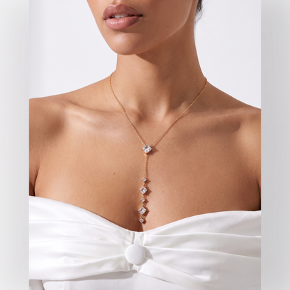 Sunoire fashion zircon stainless steel gold plated women s luxury heart moon pendant sweater necklace 02 model wearing square drop